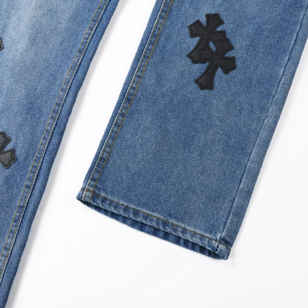 P236 💰 (Top version) Chrome Heart cross patchwork leather jeans Top heavy washing process Calfskin laser cut cross Distressed silver hardware Straight version slimming the upper body High-end quality distinguishes the market currency Color: blue and black Size: 28 30 32 34 36 (corresponding to S-M-L-XL-XXL) Corresponding size｜S-XXL